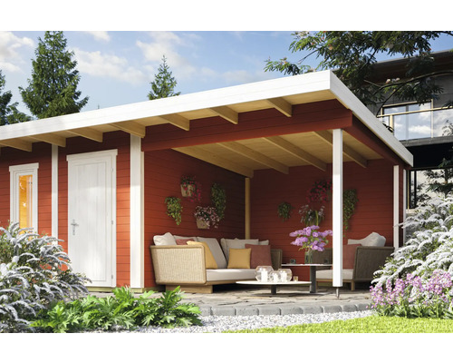 Gartenhaus mit Terrasse, Möbeln und Dekoration