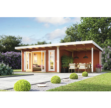 Modernes Gartenhaus mit Terrasse, Gartenmöbeln und gepflastertem Weg