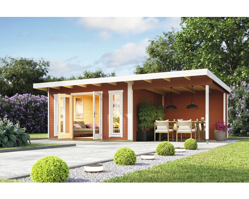 Modernes Gartenhaus mit Terrasse, Gartenmöbeln und gepflastertem Weg