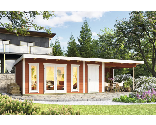 Gartenhaus mit Terrasse, Fenstern und Tür vor einem Haus