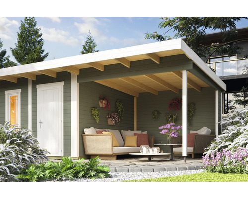 Gartenhaus mit überdachter Terrasse und Sitzgruppe im Garten