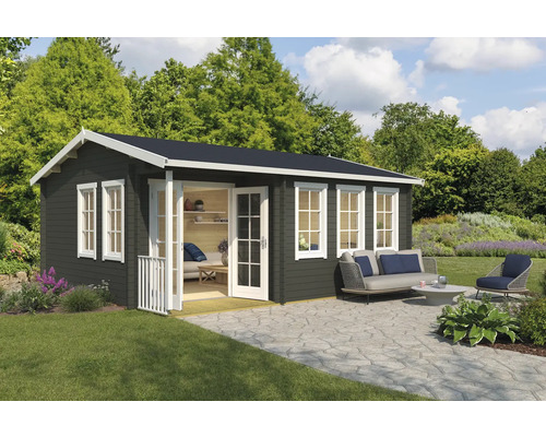 Gartenhaus mit Fenster und Doppeltür sowie Gartenmöbel auf Terrasse