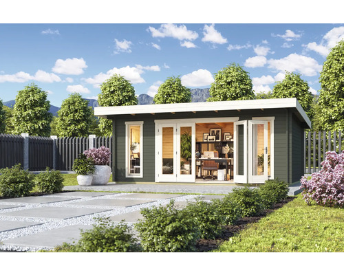 Gartenhaus mit Büroausstattung im Außenbereich auf Rasenfläche.