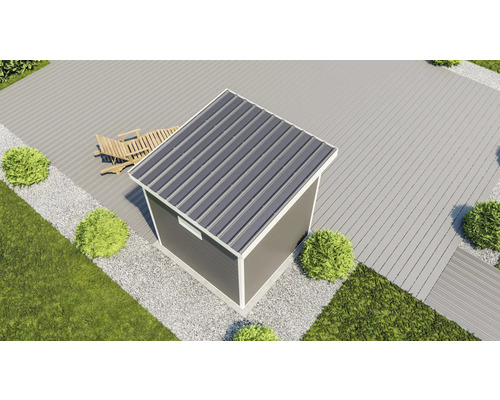 Gartenhaus mit Metalldach auf Terrasse, Vogelperspektive