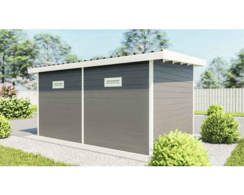 Modernes Gerätehaus mit horizontaler Holzverkleidung und Belüftungsgittern