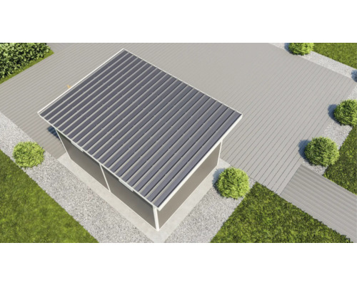 Ansicht von oben auf ein Gartenhaus mit einem Dach aus Metall auf einer Terrasse