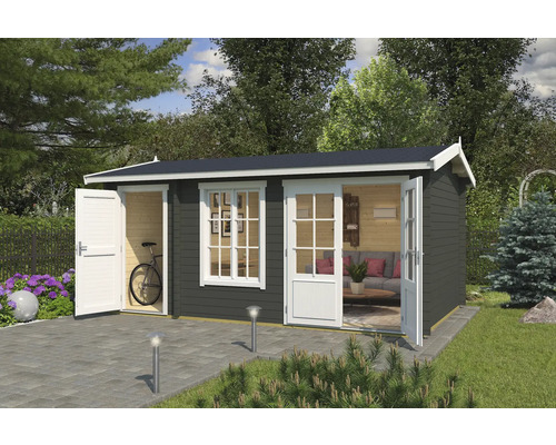 Gartenhaus Outdoor Life Wrexham 2 inkl. Fußboden 525 x 350,8 cm graugrün Gartenhaus mit geöffneten Türen und Fenster in einem Garten
