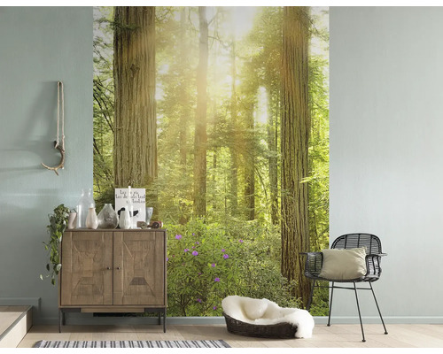 Wohnraum mit Fototapete eines hellen Walds, Kommode, Stuhl und Deko