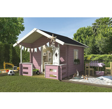 Rosa Spielhaus mit Küche und Terrasse im Garten
