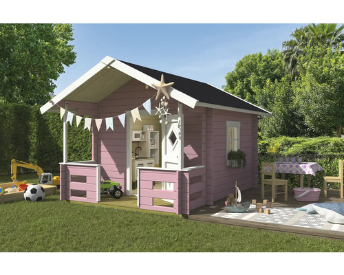 Rosa Spielhaus mit Küche und Terrasse im Garten
