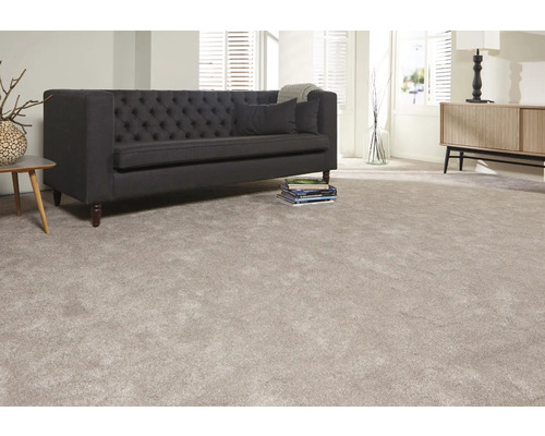 Wohnzimmer mit grauem Teppichboden, Sofa und Beistelltisch