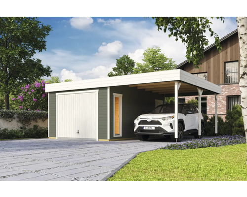 Einzelgarage Outdoor Life Bahamas mit Sektionaltor 680 x 560 cm graugrün Garten Szene mit Garage, Carport und geparktem Auto.