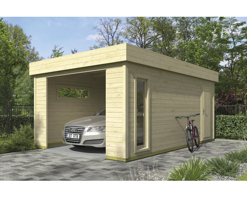 Holzgarage mit Auto, Fenster und Tür