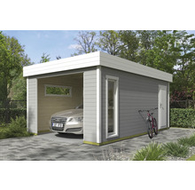 Graue Fertiggarage aus Holz mit Fenster und Tür