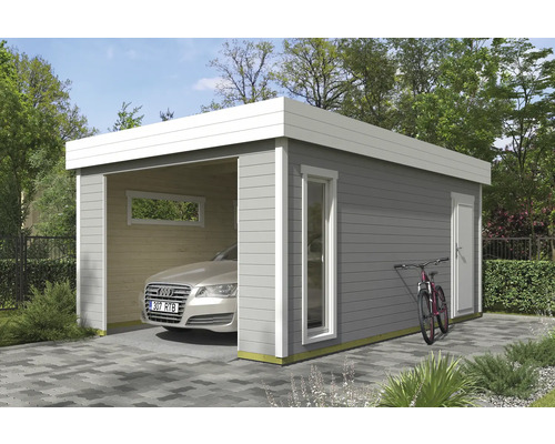 Graue Fertiggarage aus Holz mit Fenster und Tür