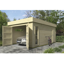 Holzgarage mit geöffneten Toren, Fenster und Auto