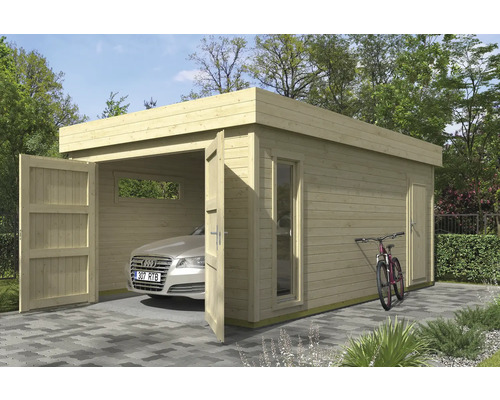 Holzgarage mit geöffneten Toren, Fenster und Auto