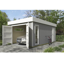 Moderne Garage aus Holz mit Autoeinfahrt, Seitentür und Fahrrad