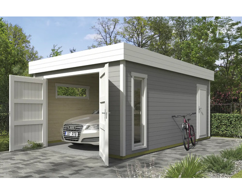 Moderne Garage aus Holz mit Autoeinfahrt, Seitentür und Fahrrad