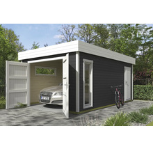 Holzgarage mit Auto, Fenster und Tür