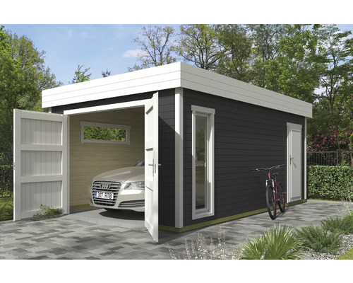 Holzgarage mit Auto, Fenster und Tür
