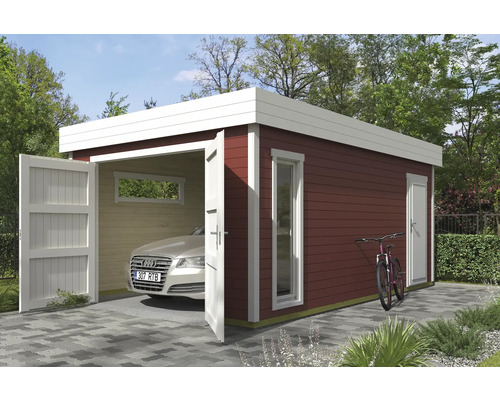 Einzelgarage Outdoor Life Bahamas 2 mit Holztor 380 x 560 cm schwedischrot Holzgarage mit Auto, Fahrard, Fenster und Tür