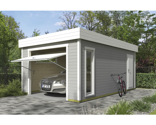 Moderne Garage aus Holz mit Schwingtor, Fenster und Tür im Garten