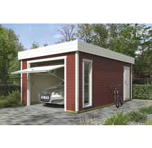 Garage aus Holz mit Sektionaltor, Fenster und Tür im Garten