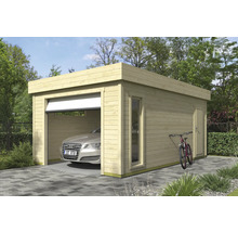 Holzgarage mit Fenster, Seitentür und Auto darin
