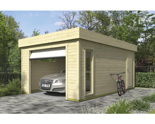 Holzgarage mit Fenster, Seitentür und Auto darin