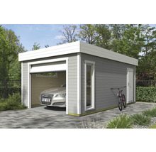 Moderne Garage aus Holz mit Sektionaltor, Fenster und Seitentür. Im Inneren steht ein Auto, und an der Seite lehnt ein Fahrrad.