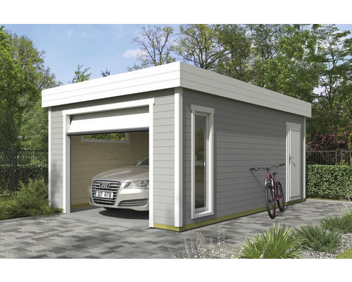 Moderne Garage aus Holz mit Sektionaltor, Fenster und Seitentür. Im Inneren steht ein Auto, und an der Seite lehnt ein Fahrrad.