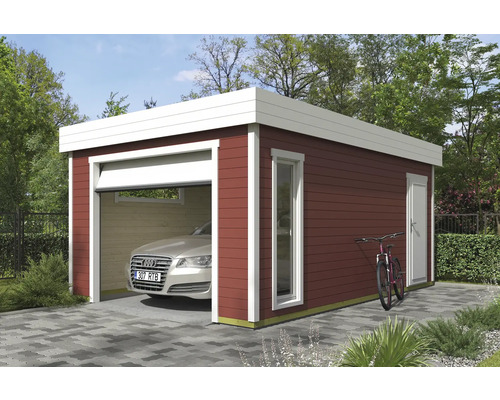 Moderne Garage aus Holz mit Sektionaltor, Fenster und Seitentür.