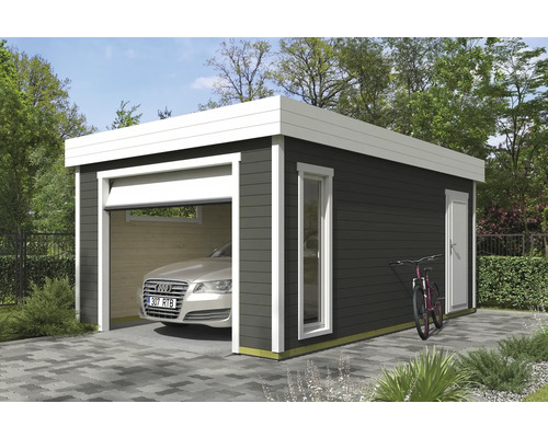 Moderne Garage aus Holz mit Sektionaltor, Fenster und Tür