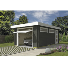 Garage aus Holz mit geöffnetem Schwingtor und geparktem Auto