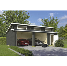 Doppelgarage aus Holz mit zwei Autos und einem Rasenmäher