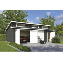 Geräumiges Gartenhaus mit zwei Garagentoren, PKW und Rasenmäher auf dem gepflasterten Vorplatz