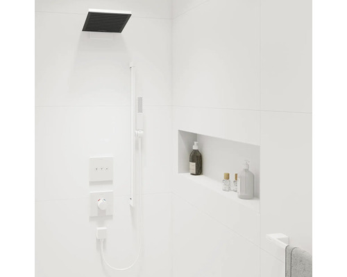 Moderne Dusche mit Duschkopf, Handbrause und Ablagefläche für Badprodukte.