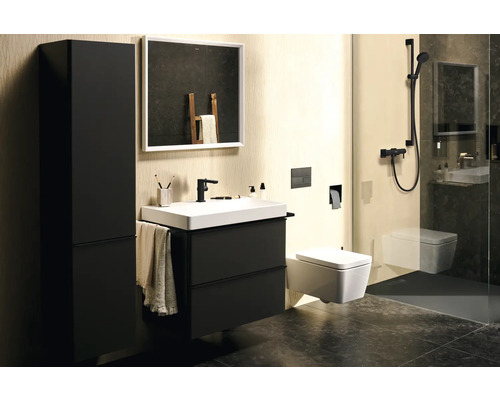 Badezimmer mit Waschtisch, Spiegelschrank, Hochschrank, Toilette und Dusche
