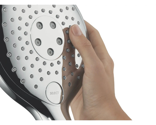 Handbrause mit Select Taste wird von einer Hand bedient