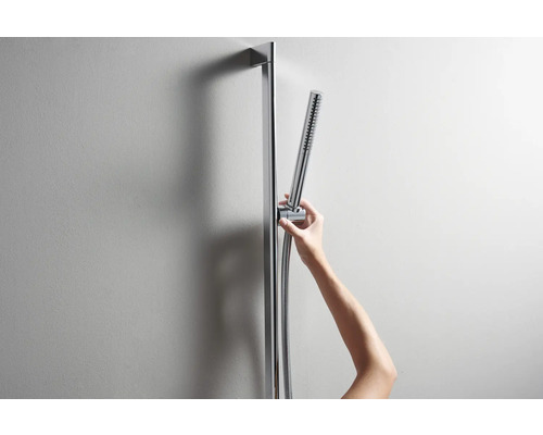 Duschstange mit Handbrause und Brauseschlauch vor einer Wand