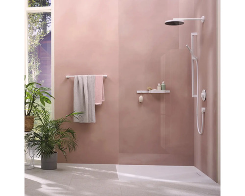 Helles Badezimmer mit Dusche, Handtüchern und Pflanzen