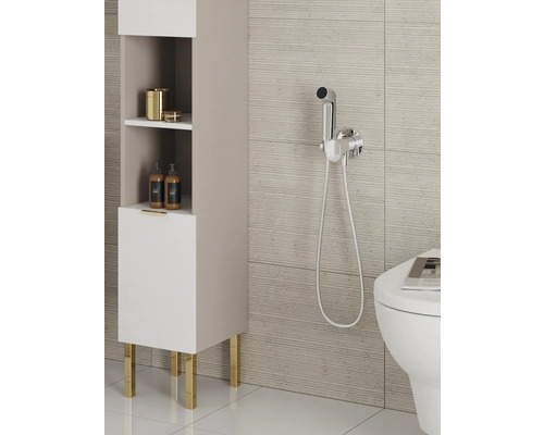 Badezimmeransicht mit Hochschrank, Bidetdusche und Toilette.