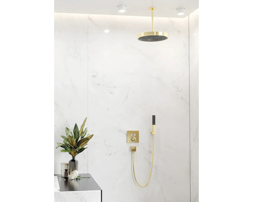 Modernes Badezimmer mit Deckenbrause, Handbrause und Armatur in Goldoptik