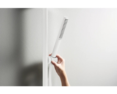 Handbrause mit Brauseschlauch an der Wand montiert.