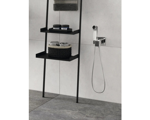 Bidet-Brause neben einem schwarzen Leiterregal mit Ablagen im Badezimmer.