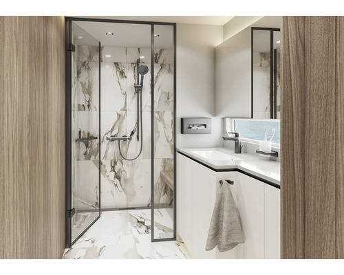 Modernes Badezimmer mit Dusche, Waschbecken und Holzverkleidung