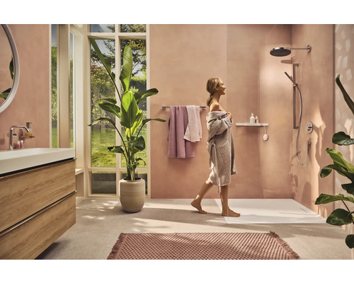 Modernes Badezimmer mit Dusche, Waschtisch und Zimmerpflanze für eine helle und freundliche Atmosphäre.