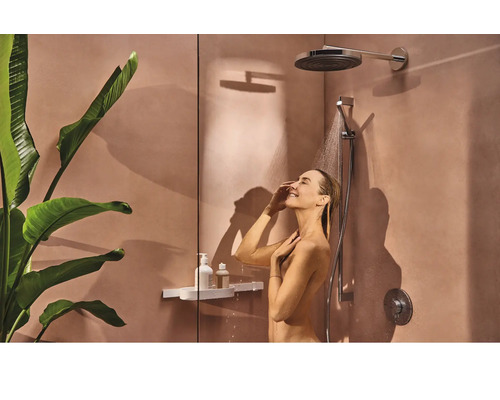 Frau unter der Dusche mit Kopfbrause und Handbrause, Ablage mit Shampooflaschen und einer Grünpflanze