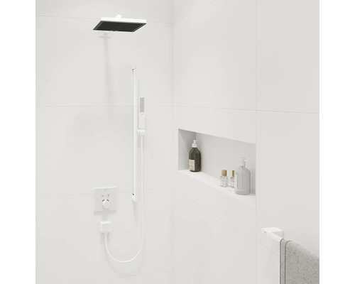 Helles Badezimmer mit Dusche, Kopfbrause, Handbrause und Ablagefläche